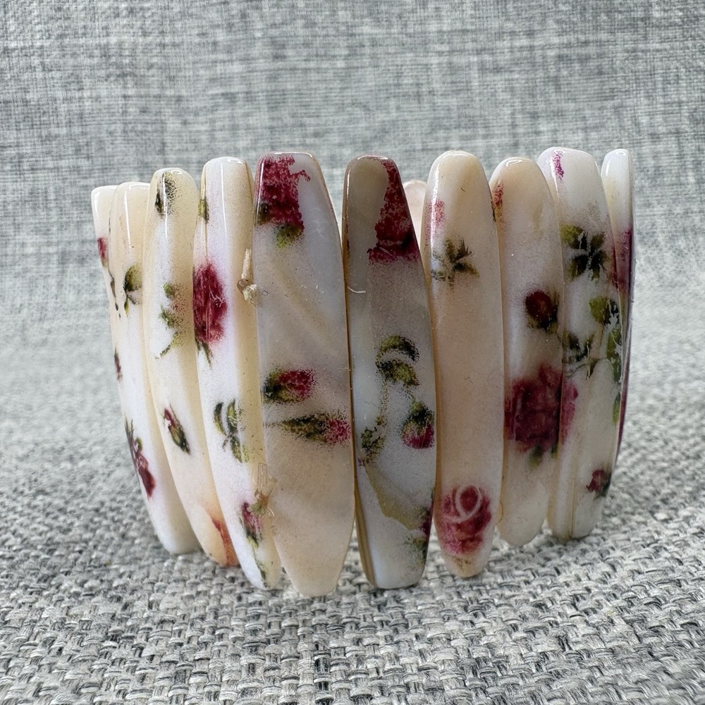 Vintage Mother of Pearl Shell Stretch Bracelet Floral Rose Print Iridescent Boho